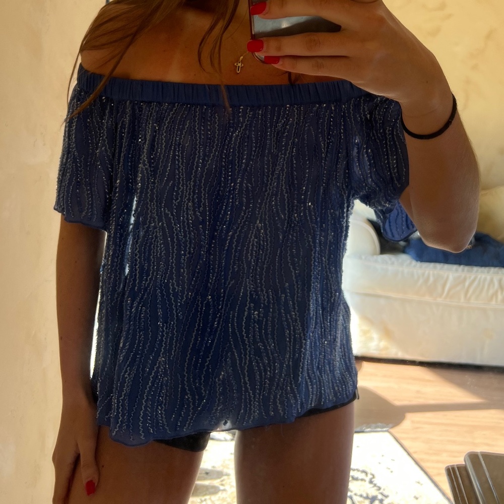 Parker off the shoulder beaded top blue